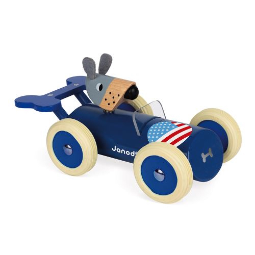 Janod porteur voiture de course bleue en bois